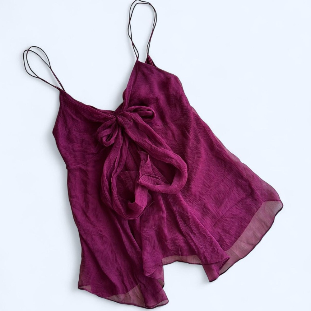 Gorgeous Purple Sheer/Mesh Silk Cami Top Blouse with Tie Front Detail- 2 (XS/S)